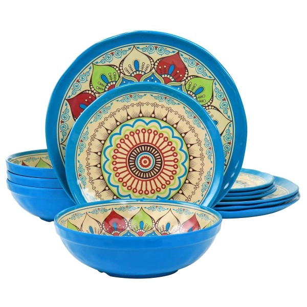 Elama Camilla 12 Piece Melamine Dinnerware Set, Multi Colored