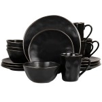 Elama Modern 16 Piece Stoneware Dinnerware Set In Matte Black With Gold Rim (Elm-Matte)