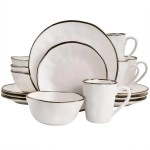 Elama Modern 16 Piece Stoneware Dinnerware Set In Matte White With Gold Rim (Elm-Matte)