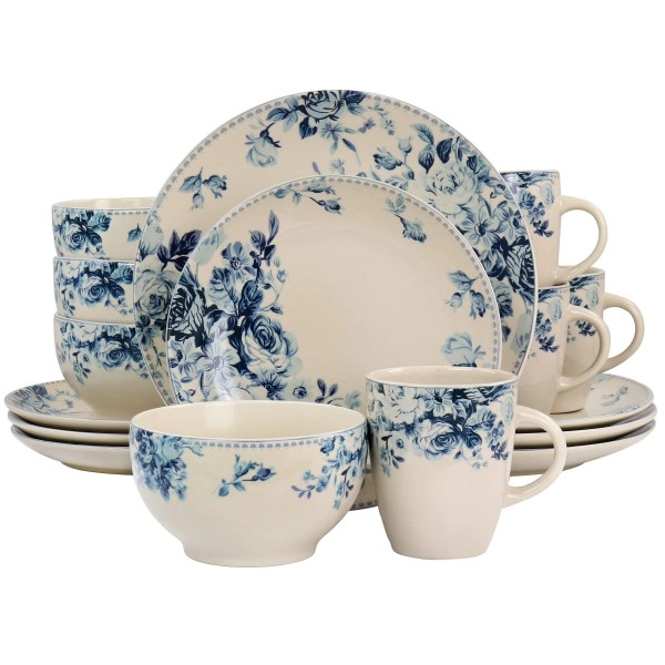 Elama Traditional Dessert Rose 16 Piece Dinnerware Set, Desert With Blue Rose Accents (El-Blue-Rose)