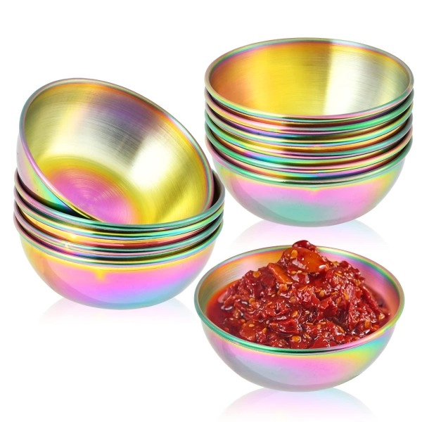 Aemygo 12Pcs Rainbow Sauce Dishes, Stainless Steel 3.2 In Round Seasoning Dishes, Stackable Sushi Dipping Small Dish Bowl, Mini Appetizer Plates, Dishwasher Safe Seasoning Dish Plates