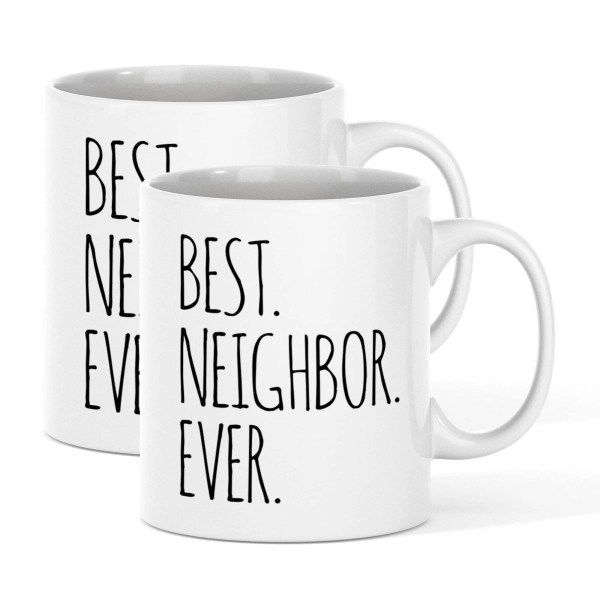 Best Neighbor Ever Farewell Gift For Neighbors Moving Housewarming Ceramic Mug 11Oz (2 Pack Bundle, White)