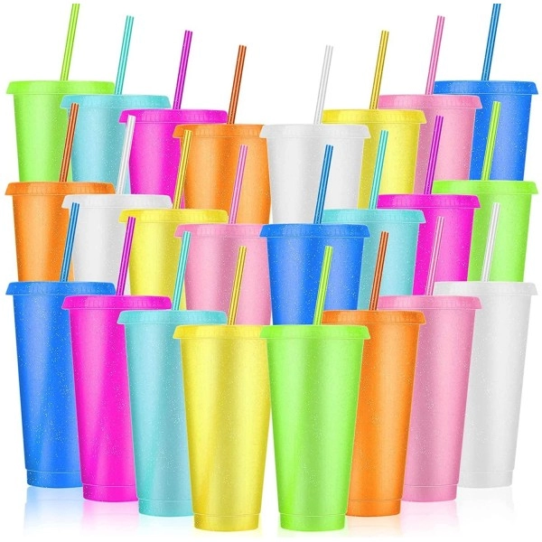 24 Pack Plastic Tumblers With Lids And Straws, Reusable Cups With Lids Plastic Colorful Cups For Parties Birthdays, Iced Coffee Cup Travel Mug Cold Drink Cups Bulk Tumblers (24 Oz, Light Colors)