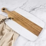Acacia Wood And White Marble Cheese Cutting Board With Handle, Serving Tray, Charcuterie Platter For Cheese, Fruit, Meat