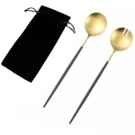 Gold Spoon And Fork Set. Nordic Style Salad Servers. 14/10 Stainless Steel Forks And Spoons. 11.6 Inches. Salad Tosser. Serving. Plus A Cotton Bag Like A Gift To Protect Product. Ideal Pasta.