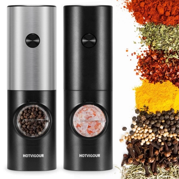 Electric Salt And Pepper Grinder Set. Automatic Pepper Mill Grinder. 1Pc Stainless Steel Pepper Grinder And 1Pc Black Salt Grinder. Adjustable Coarseness Spice Grinder. Led Light, Battery Powered..