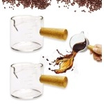 Shuixiong 2Pcs Double Spouts Espresso Shot Glasses Measuring Glass Espresso Cups Cookware With Wood Handle For Milk Coffee, 100 Ml