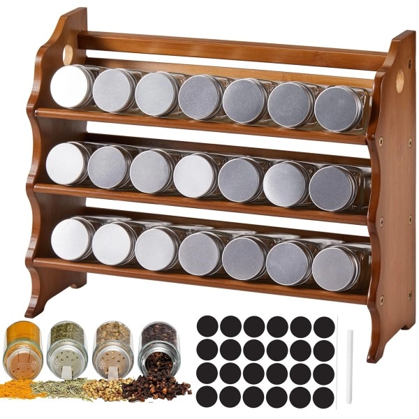 Sushineibor Spice Rack Organizer For Cabinet,3 Tier Spices And Seasonings With 21 Empty Square Jars,Bamboo Shelf Kitchen 24 Black Labels Chalk Marker(Brown)