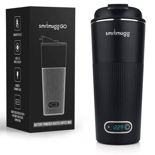 Smrtmugg Go Heated Coffee Mug, Travel Mug, 13.5 Oz. Smart Mug, Battery Powered Heated Coffee Mug, Great For Coffee And Tea, Snap On Magnetic Charging Cord (Black)